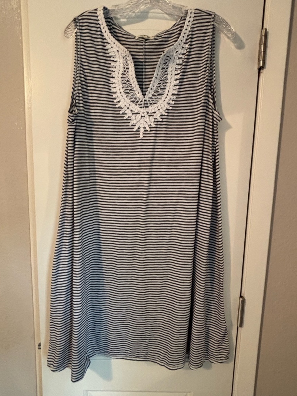 Max Studio Navy and White Striped Midi Dress with Crochet Neckline